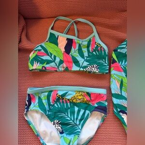 Mini Boden Tropical Print bikini  bathing suit and rash guard 6-7 122 cm